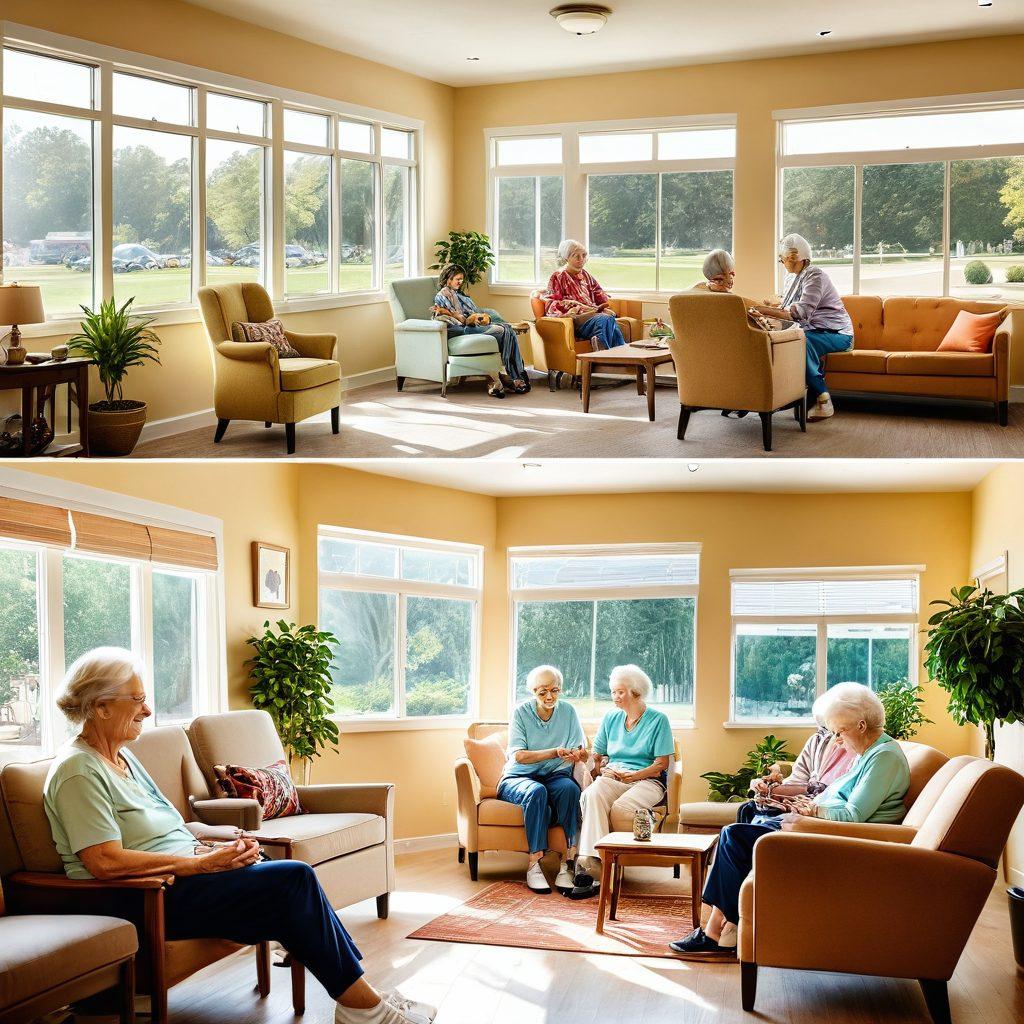 A serene split scene illustrating assisted living on one side with a cozy community center filled with smiling seniors engaged in activities, and on the other side, a warm at-home support setting showcasing a caregiver helping an elderly person with daily tasks. Soft, inviting colors with a blend of nature and home elements like plants and sunlight. super-realistic. warm tones. vibrant colors.
