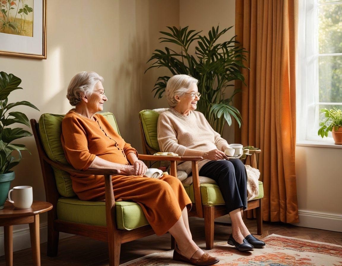 An inviting home environment with a warm, sunlit living room featuring an elderly person enjoying tea with a caring companion. Include elements like cozy furniture, plants, and supportive aids like grab bars and cushions. Show a sense of companionship and comfort, highlighting the theme of aging with dignity and care. super-realistic. warm colors. soft focus.