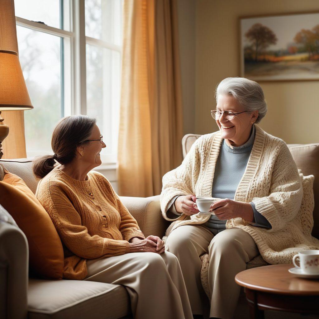 A warm and inviting living room scene depicting a friendly caregiver assisting a smiling senior citizen with a cup of tea. Gentle sunlight filters through the window, illuminating family photos and personal touches within the cozy space. Soft textures, like a knitted blanket and plush pillows, enhance the sense of comfort and support. The caregiver looks engaged and attentive, showcasing the essence of personalized care. super-realistic. warm colors. cozy atmosphere.
